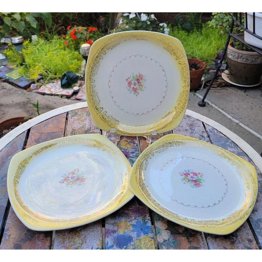 Paden City Pottery Yellow Square Plates - Mid-Century American China - Set of 3
